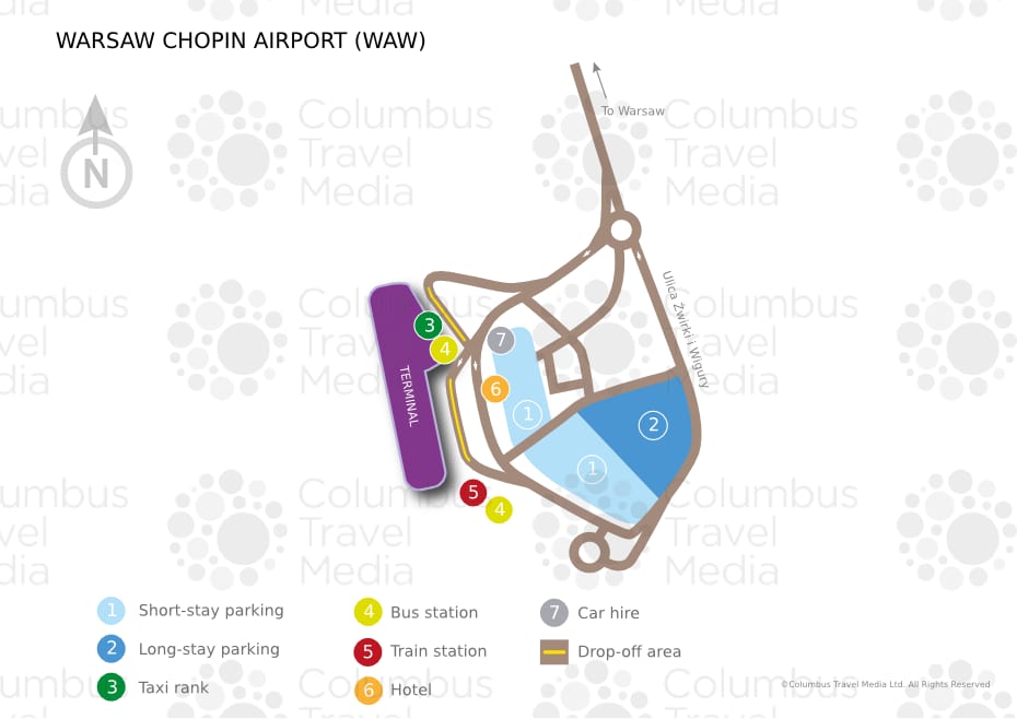 Mapa do Aeroporto Chopin de Varsóvia e do terminal (WAW)