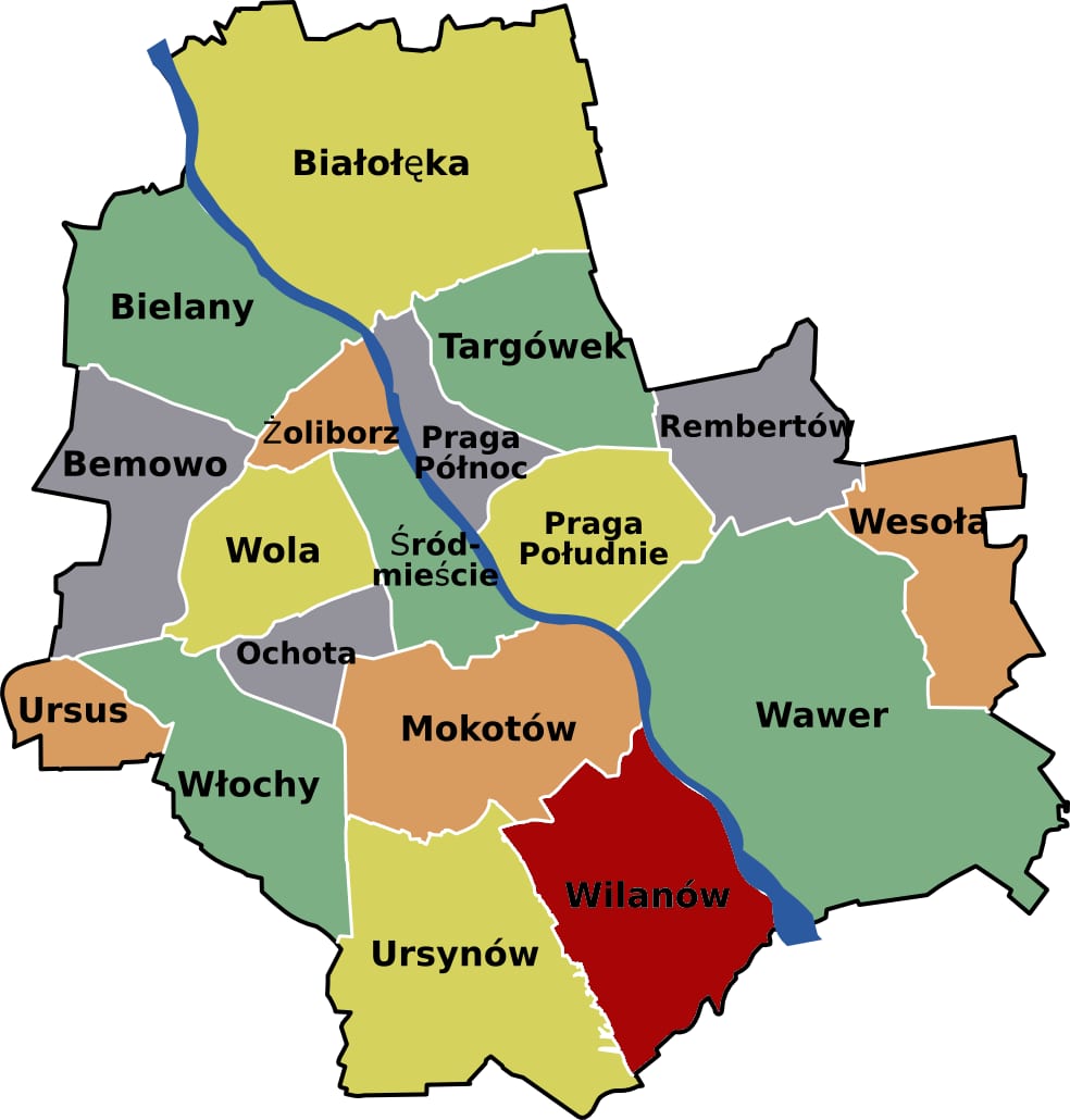 Mapa dos distritos de Varsóvia