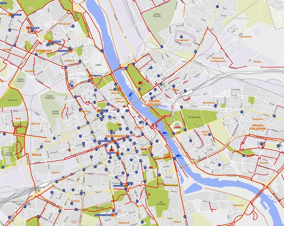 Mapa das estações Veturilo de bicicletas compartilhadas de Varsóvia