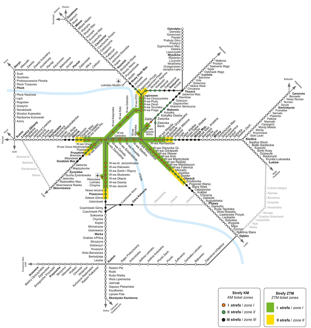 Mapa da rede de trens urbanos e suburbanos KM de Varsóvia
