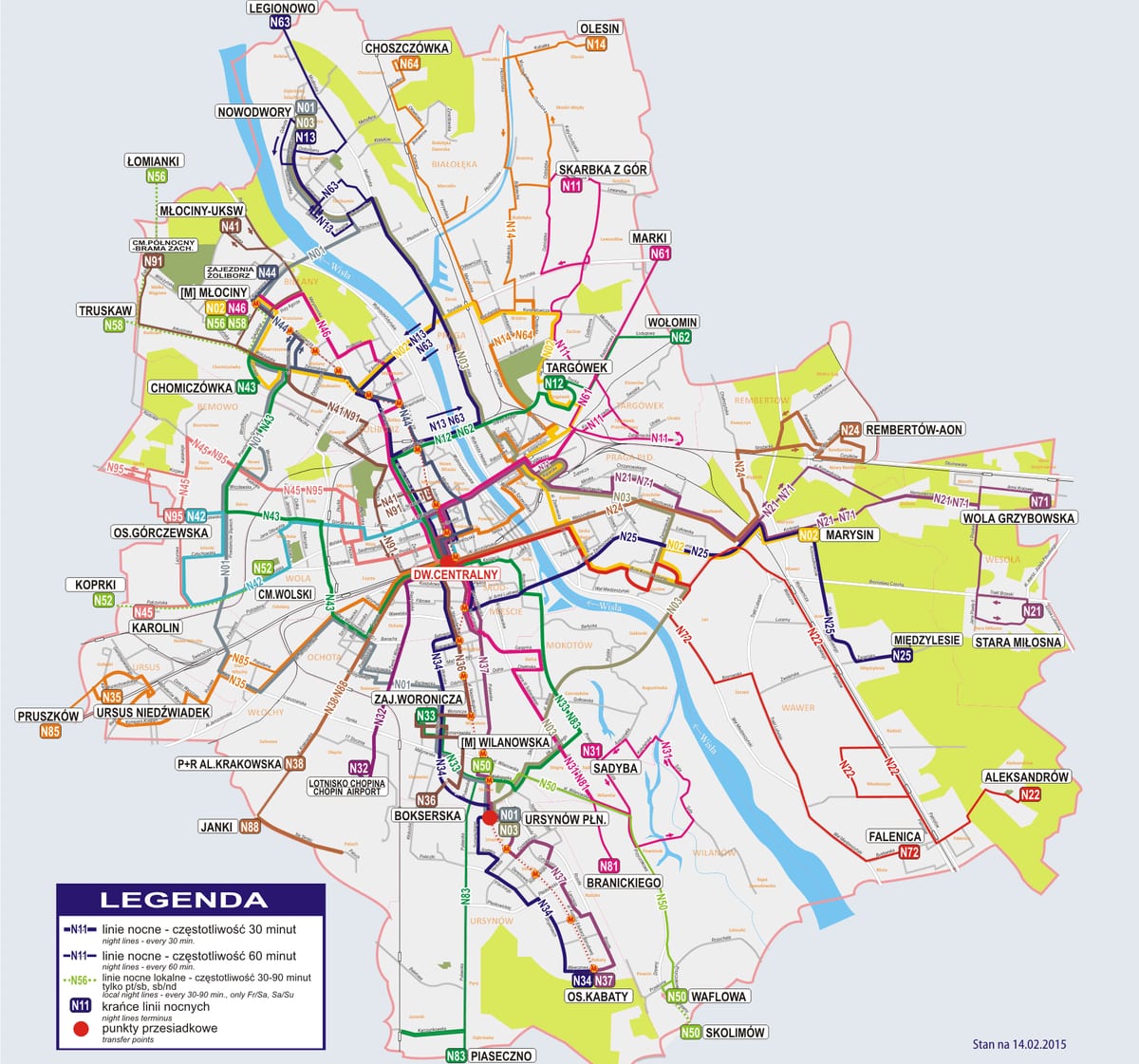 Mapa da rede de ônibus noturnos de Varsóvia