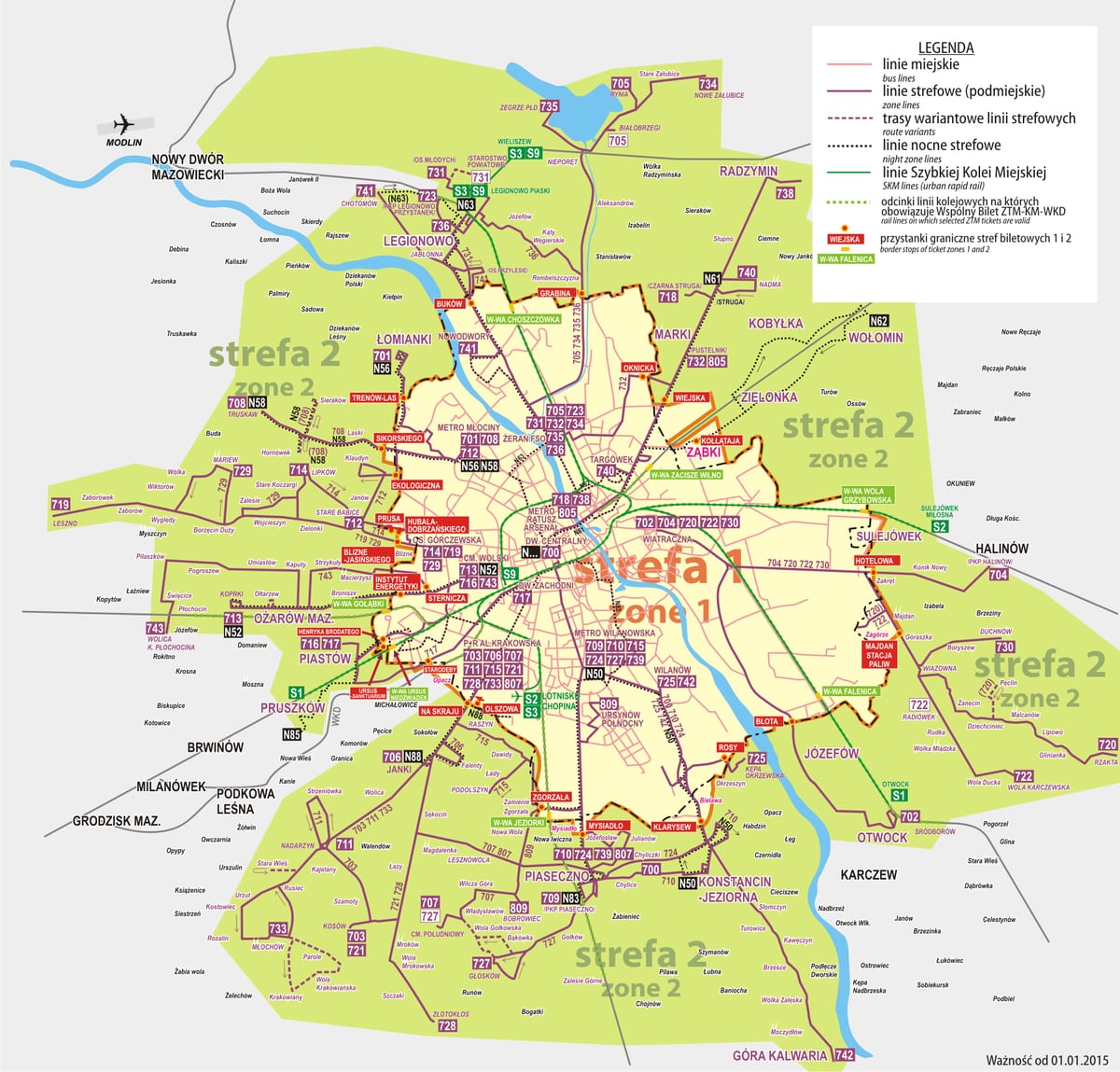 Mapa da rede de ônibus suburbanos de Varsóvia