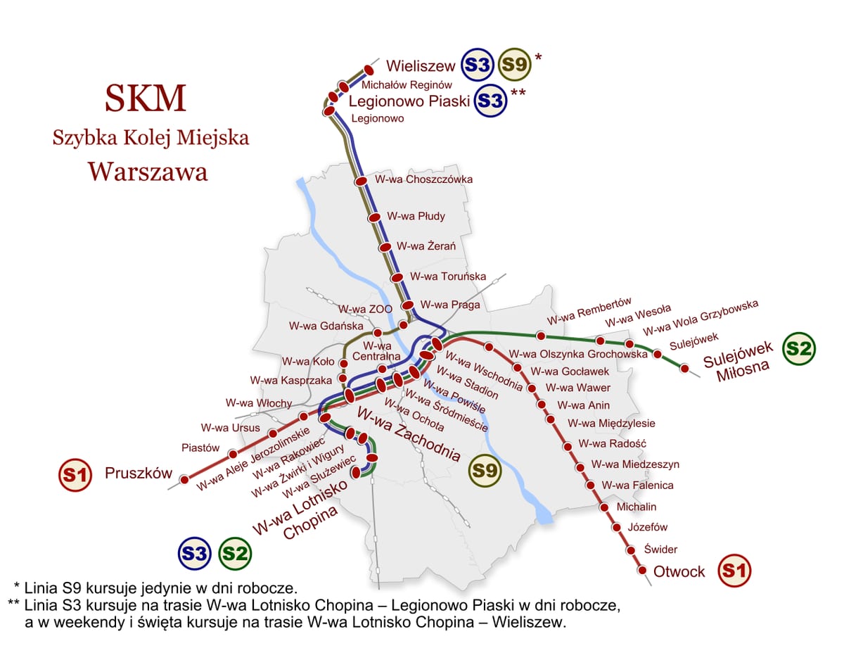 Mapa da rede de trens urbanos e suburbanos SKM de Varsóvia