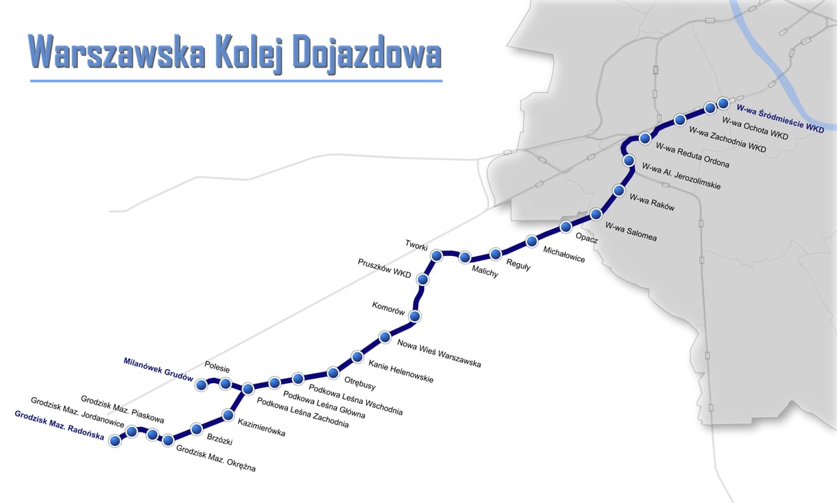 Mapa da rede de trens urbanos e suburbanos WKD de Varsóvia